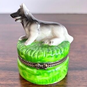 German Shepherd Ceramic Trinket Box Vintage Keepsake Farm Rescue Cottagecore